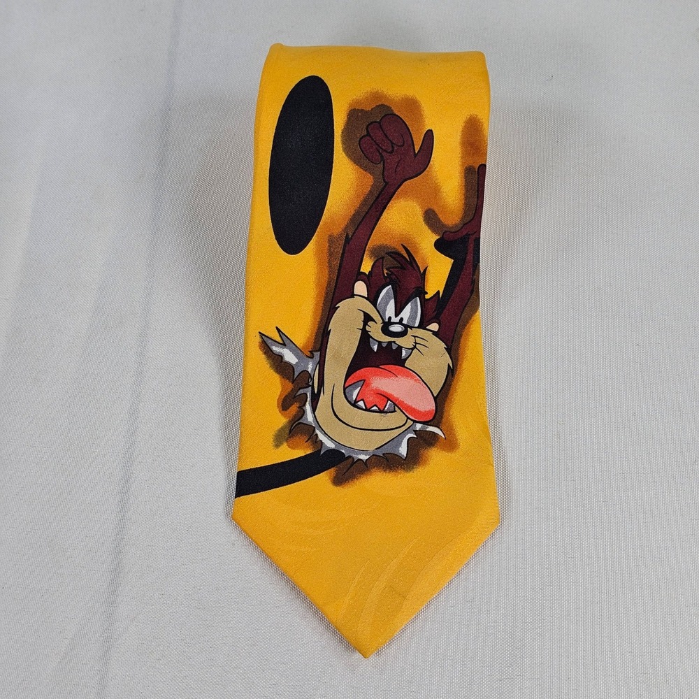 Vintage Looney Tunes Tasmanian Devil Taz Yellow Graphic Silk Blend Tie NWT